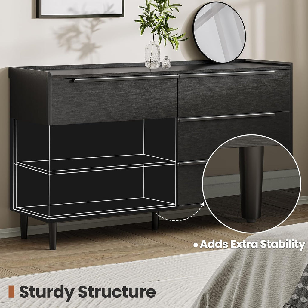 54" Wide Black Dresser for Bedroom, Modern 6 Drawer Double Dresser with Wood Grain Finish, Large Horizontal Chest of Drawers & TV Stand with Anti-Slip Raised Edge, Sleek Storage for Living Room