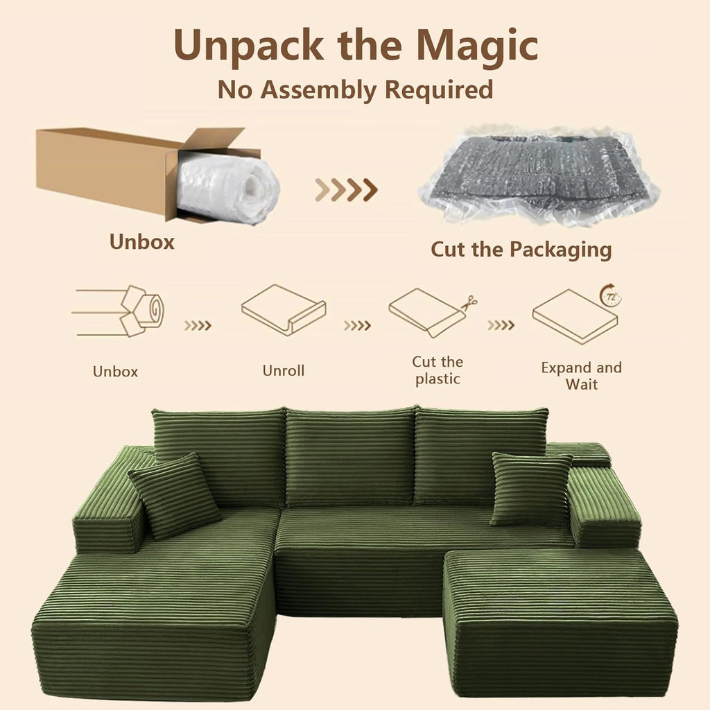 107" Modular Sectional Sofa with Ottoman, Modern Corduroy Cloud Couch with Deep Seat, Boneless Couch Upholstered 3-Seater U-Shaped Sofa for Living Room, No Assembly (Green, Left-Facing Chaise)