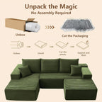 107" Modular Sectional Sofa with Ottoman, Modern Corduroy Cloud Couch with Deep Seat, Boneless Couch Upholstered 3-Seater U-Shaped Sofa for Living Room, No Assembly (Green, Left-Facing Chaise)