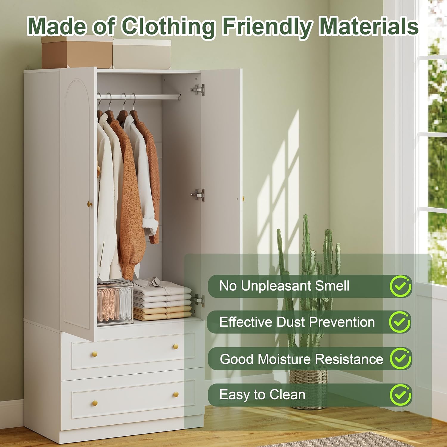 GOODONE Wooden Armoire Wardrobe Closet - 71" Tall Bedroom Armoires with 2 Doors and 2 Drawers, Modern Wardrobe Cabinet with Removable Hanging Rod, White