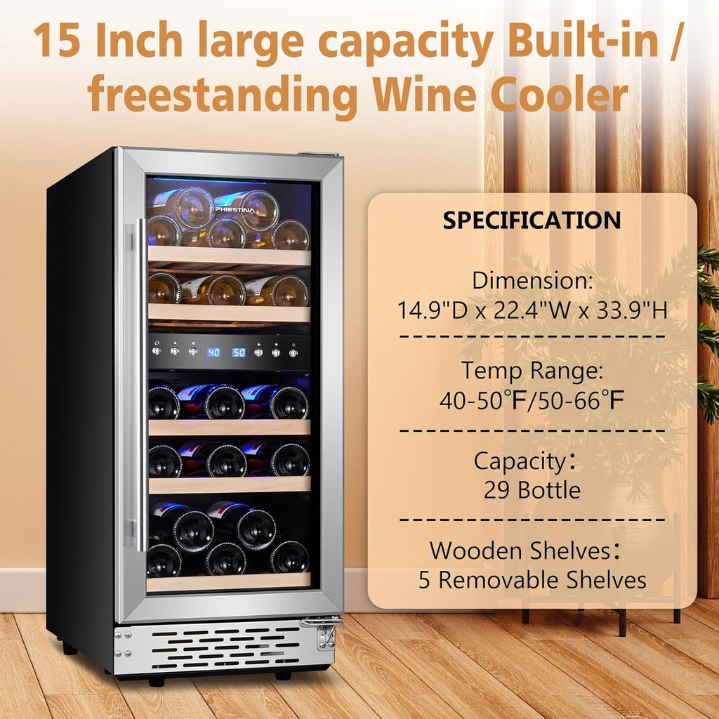 Phiestina 29 Bottles Wine Fridge, 15 Inch Dual Zone Wine Cooler Refrigerator Under Counter Cooling with Digital Memory, Auto Defrost Built-in/Freestanding