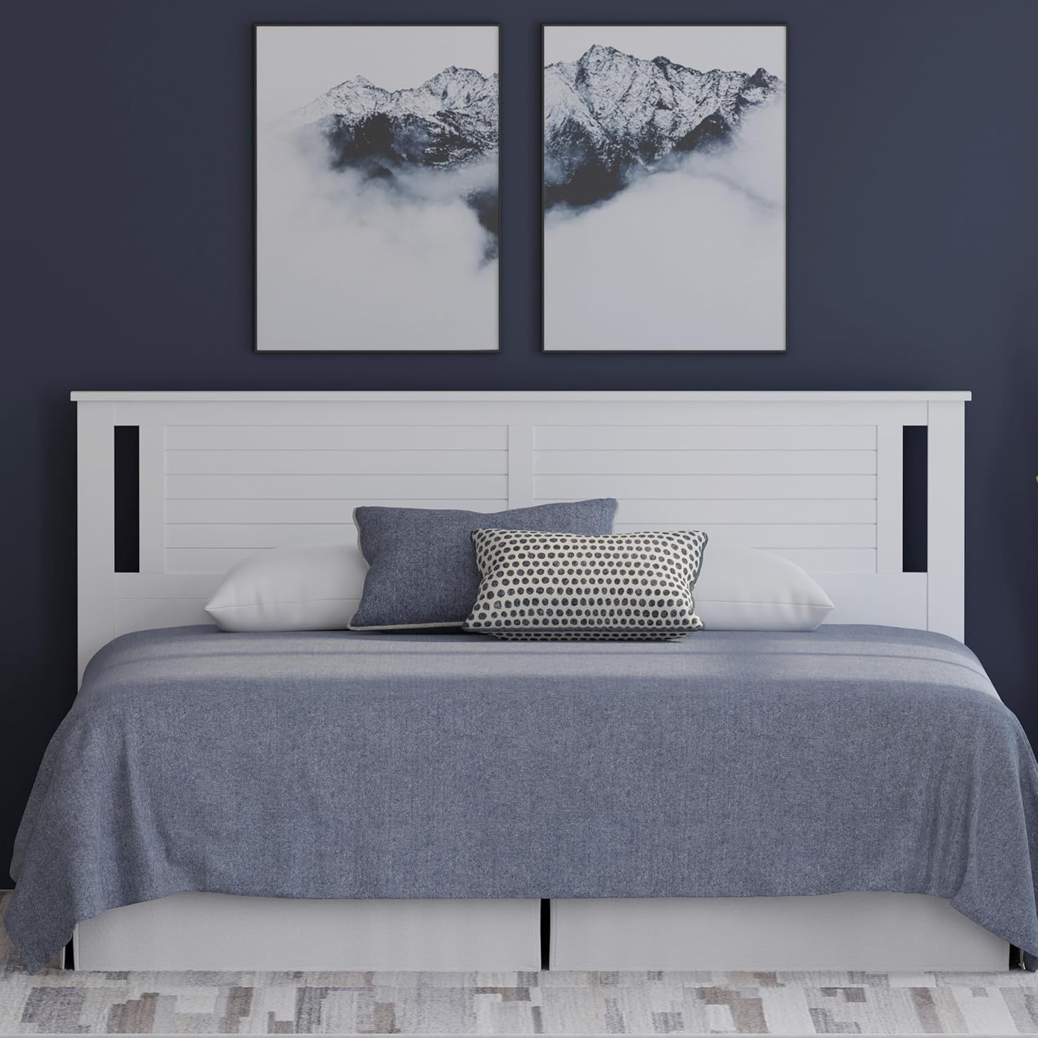 Serene Poplar Wood King Size Headboard in White, Modern Farmhouse Panel with Horizontal Scoring, Casual Coastal Style, Easy Assembly, Quality Materials