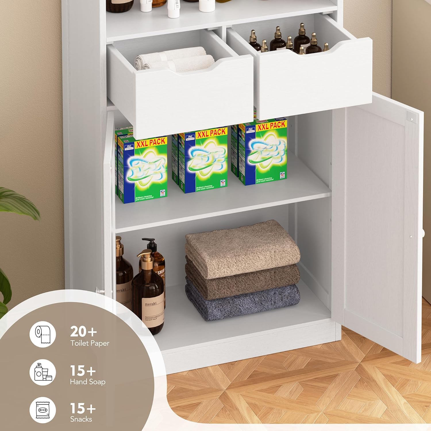Walsunny Floor Storage Cabinet, Organizer with Doors and Drawers, Freestanding Side Cupboard Pantry with Adjustable Shelf for Bathroom/Living Room(White)