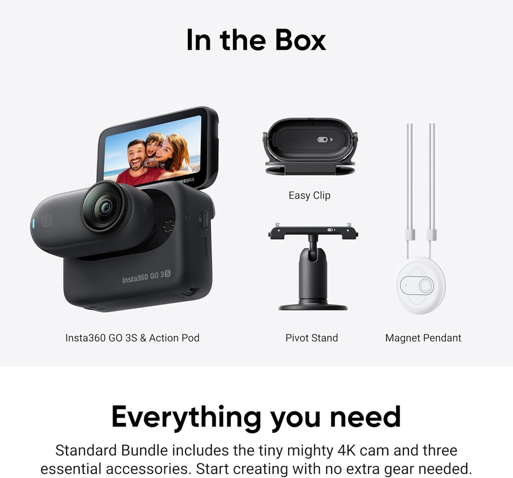 Insta360 GO 3S - 128 GB Black 4K Tiny Portable Vlogging Camera  Hands-Free POVs  Mount Anywhere  Stabilization  140 Min Battery Life  10m Waterproof  Pet POV