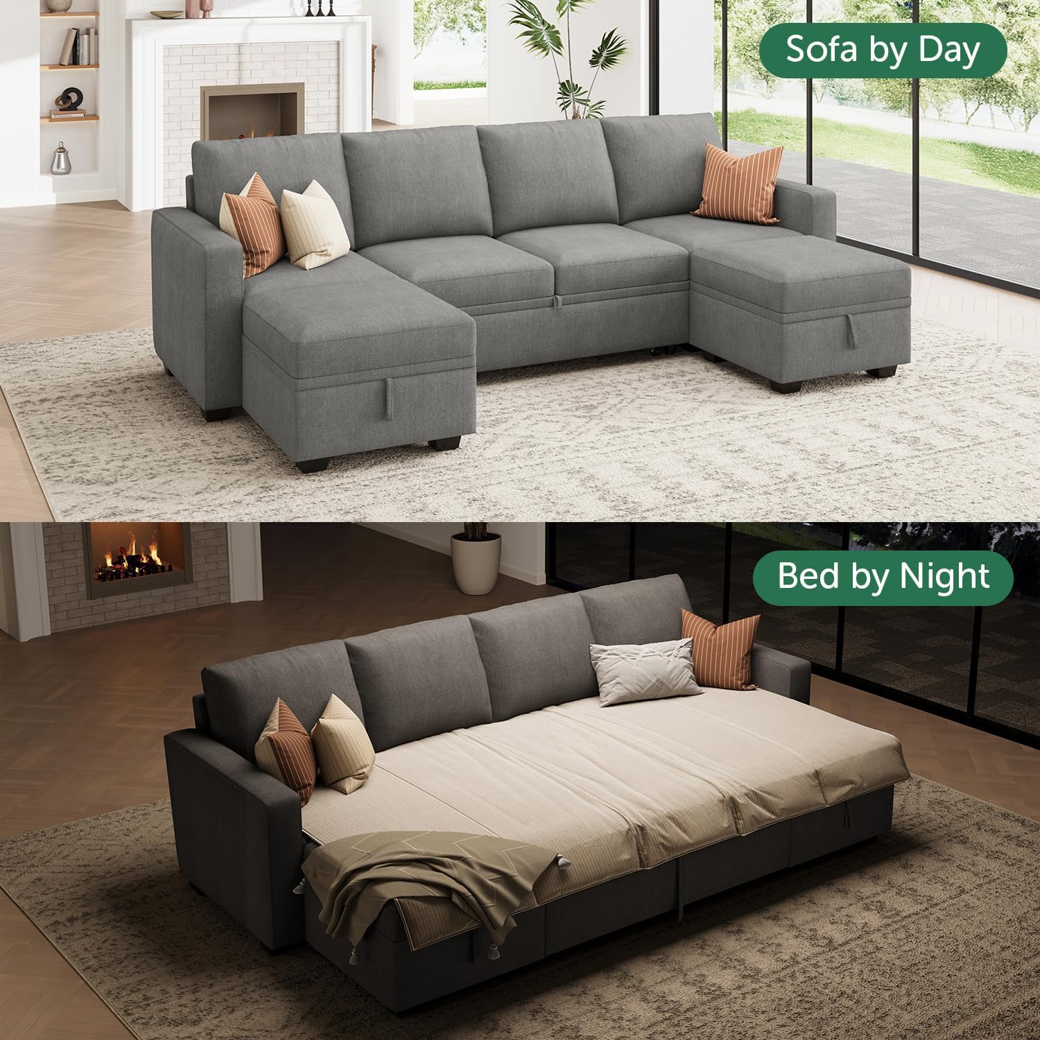 HONBAY Modular Sectional Sleeper Sofa Bed, Chenille Pull Out Couch with Storage Ottoman, U Shaped Sectional Couches for Living Room, Warm Grey