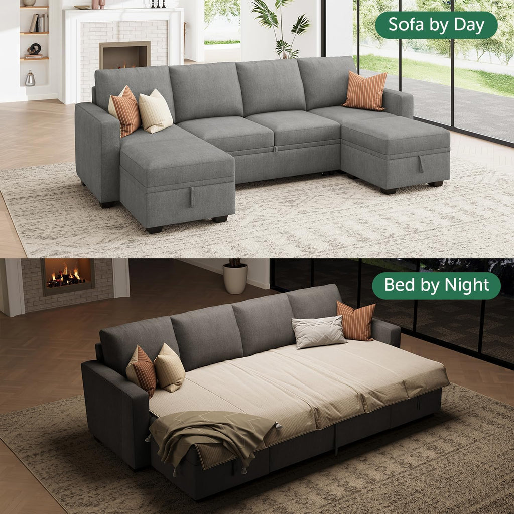 HONBAY Modular Sectional Sleeper Sofa Bed, Chenille Pull Out Couch with Storage Ottoman, U Shaped Sectional Couches for Living Room, Warm Grey