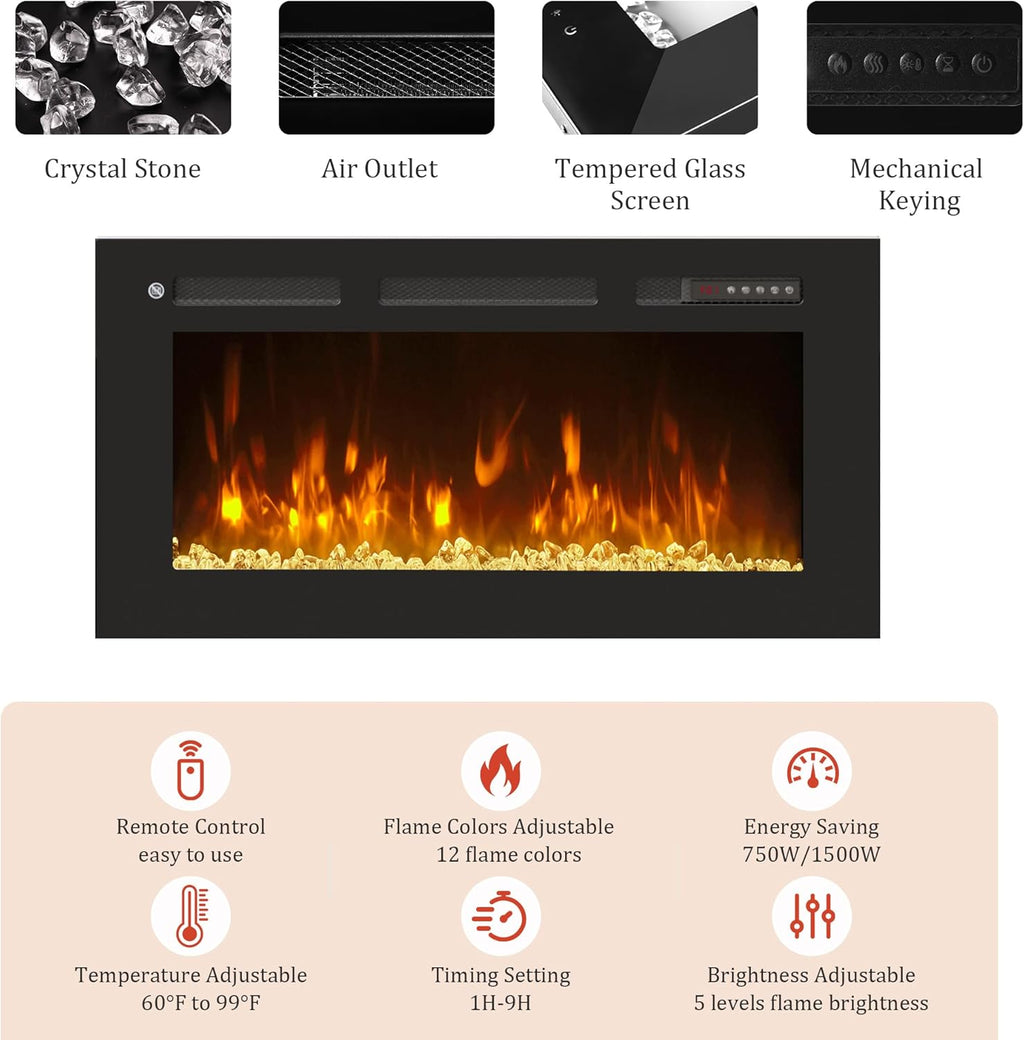 70" Fireplace TV Stand for TVs Up to 80",Entertainment Center with 36” Electric Fireplace and 12 Colors LED Lights,Large TV Console with Storage Cabinet for Living Room,All Black