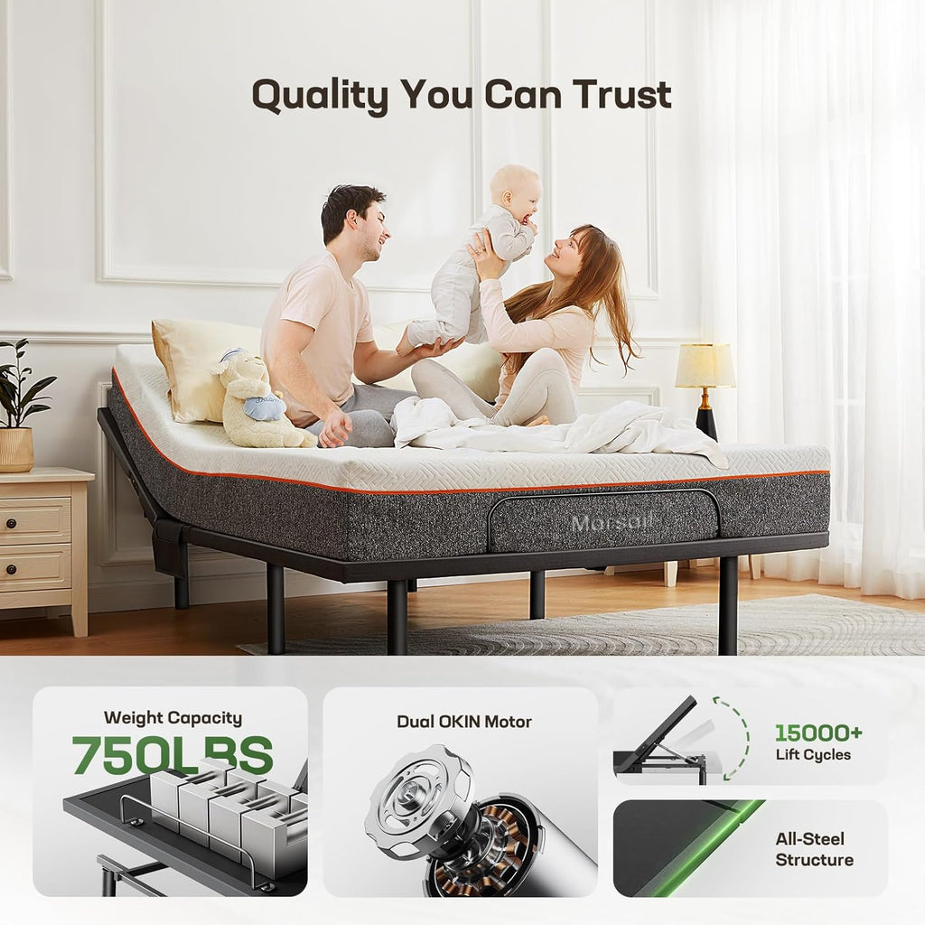 Marsail MS01-1 Full Adjustable Bed Base with Massage, 4 Ports USB A&C Bed Frame with Under-Bed Nightlight, 3 Minutes Fast Assembly, Wireless Control Adjustable Bed with 4 Height Options