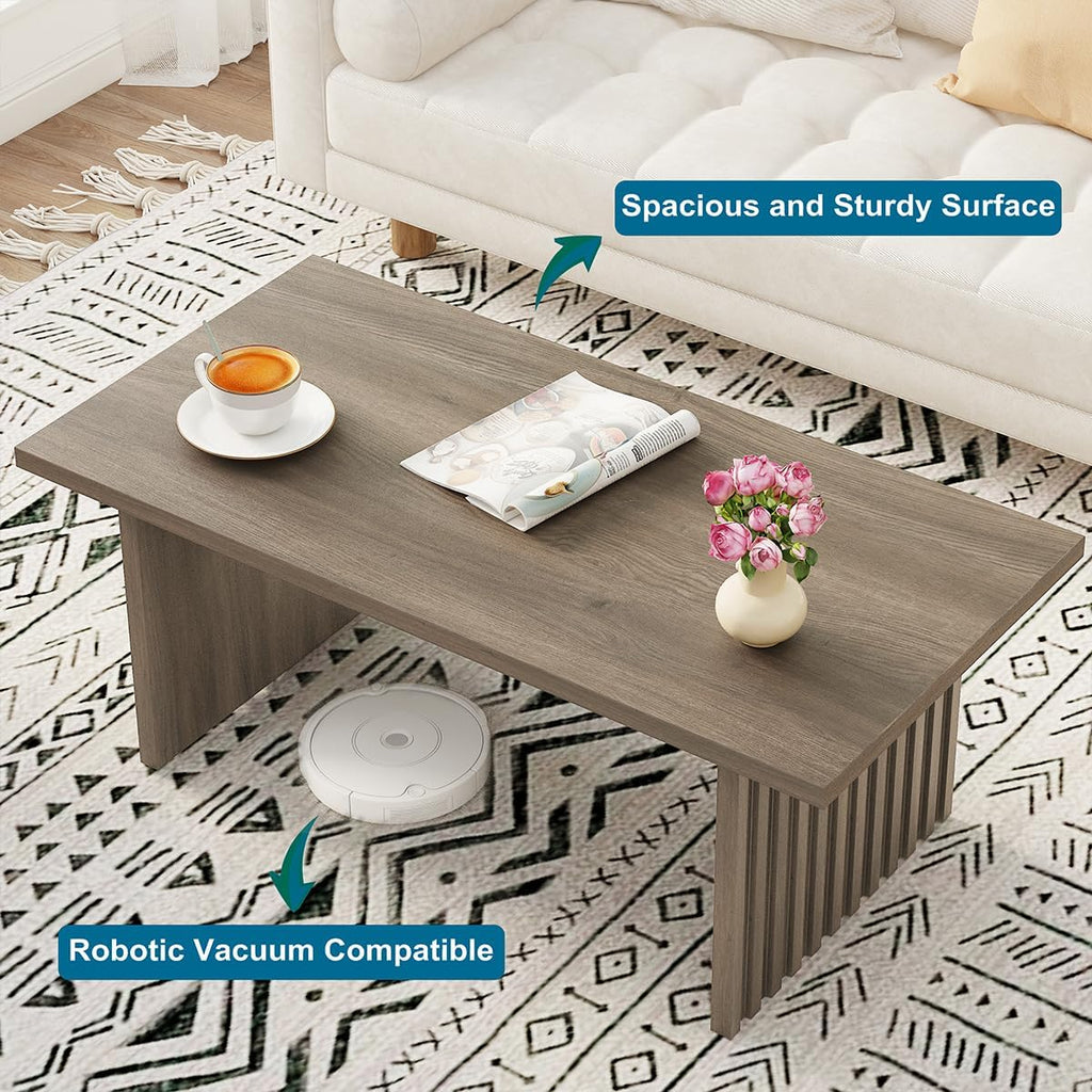 BON AUGURE Fluted Coffee Table, Wood Living Room Tables, Rectangle Coffee Tables for Living Room, Center Table for Home, Office (Greige Oak, 43Inch)