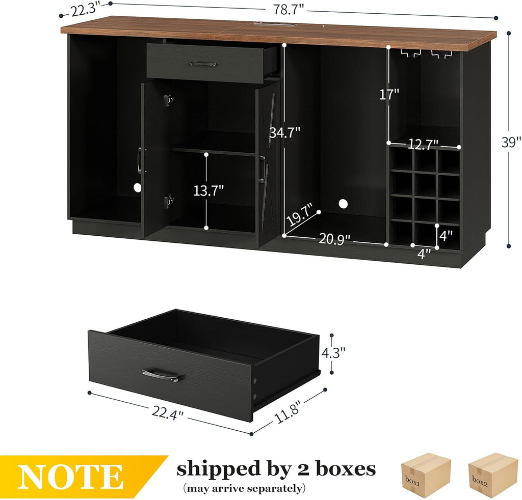 78.74" Large Coffee Bar Cabinet with Fridge Space, Mini Fridge Cabinet with Storage, Liquor Cabinet with Wine Rack Glass Holder Power Outlets for Living Room, Kitchen, Black KTSR003B