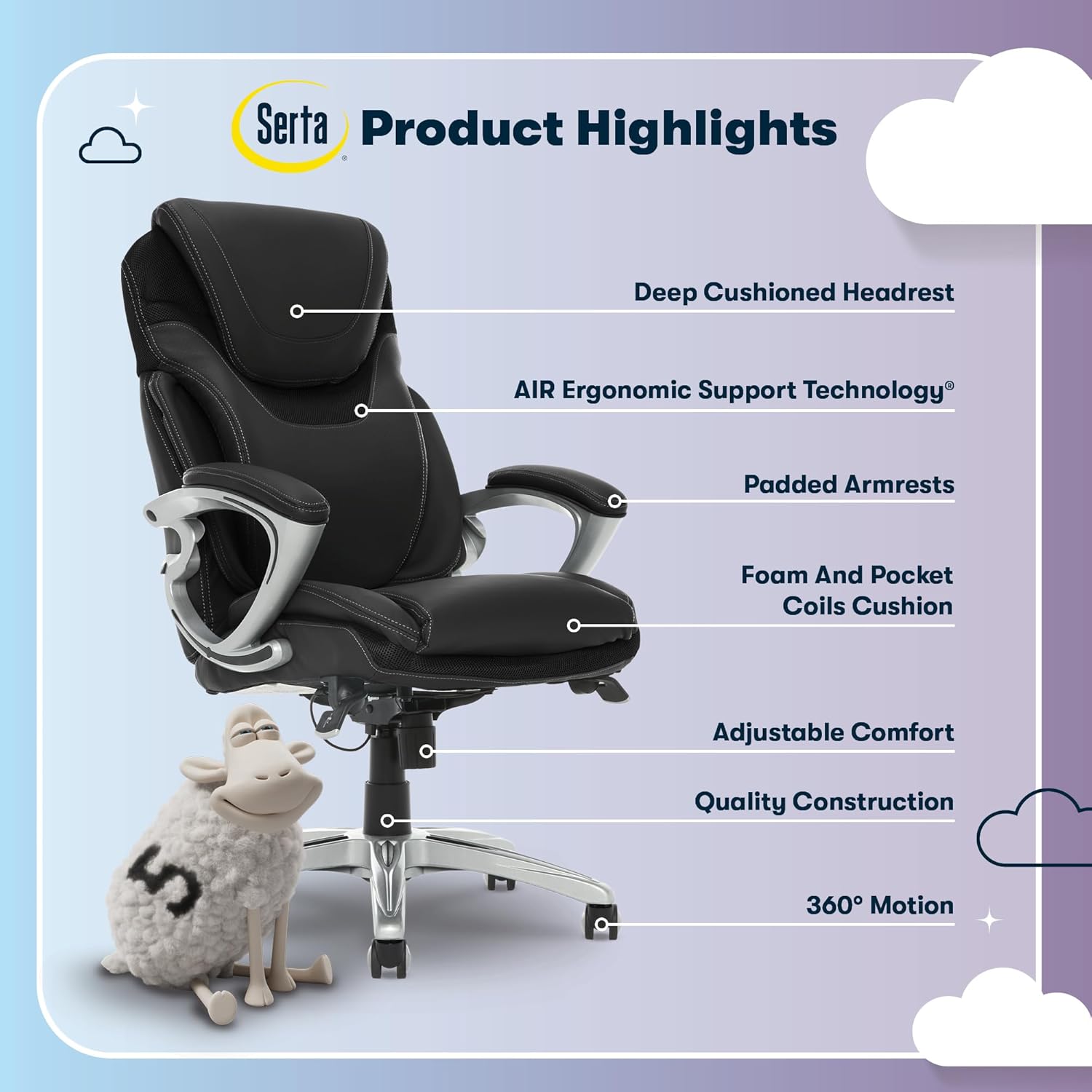 Serta Bryce Executive Office Chair - Ergonomic Computer DeskChair with Lumbar Technology - Adjustable Height - Memory Foam Body Pillows - 360° Swivel Rolling Base - Bonded Leather - Black