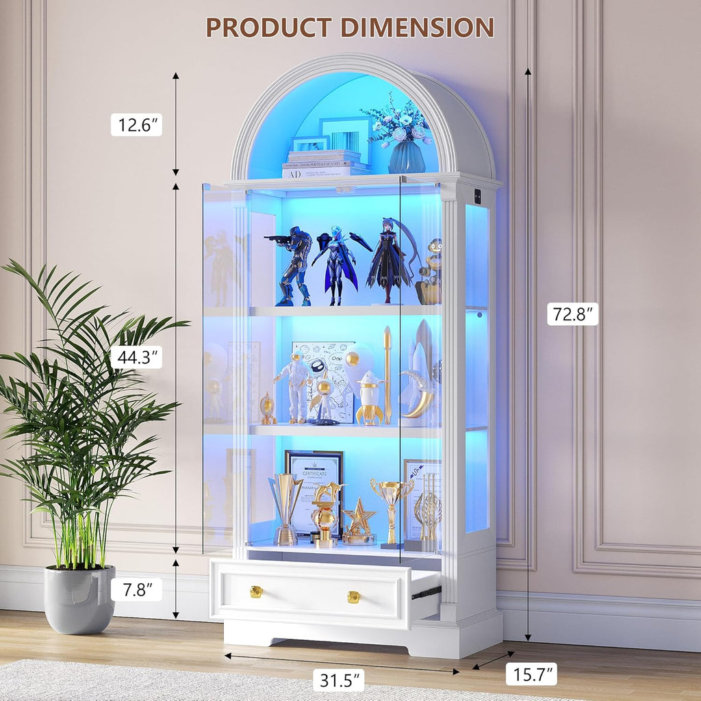 Arched Display Cabinet with Glass Doors, 72" Tall Curio Cabinet with Human Sensor Lights, 4-Tier Display Case for Collectibles Bookcase Living Room