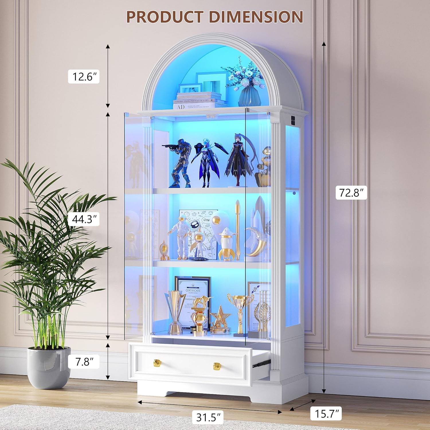Arched Display Cabinet with Glass Doors, 72" Tall Curio Cabinet with Human Sensor Lights, 4-Tier Display Case for Collectibles Bookcase Living Room