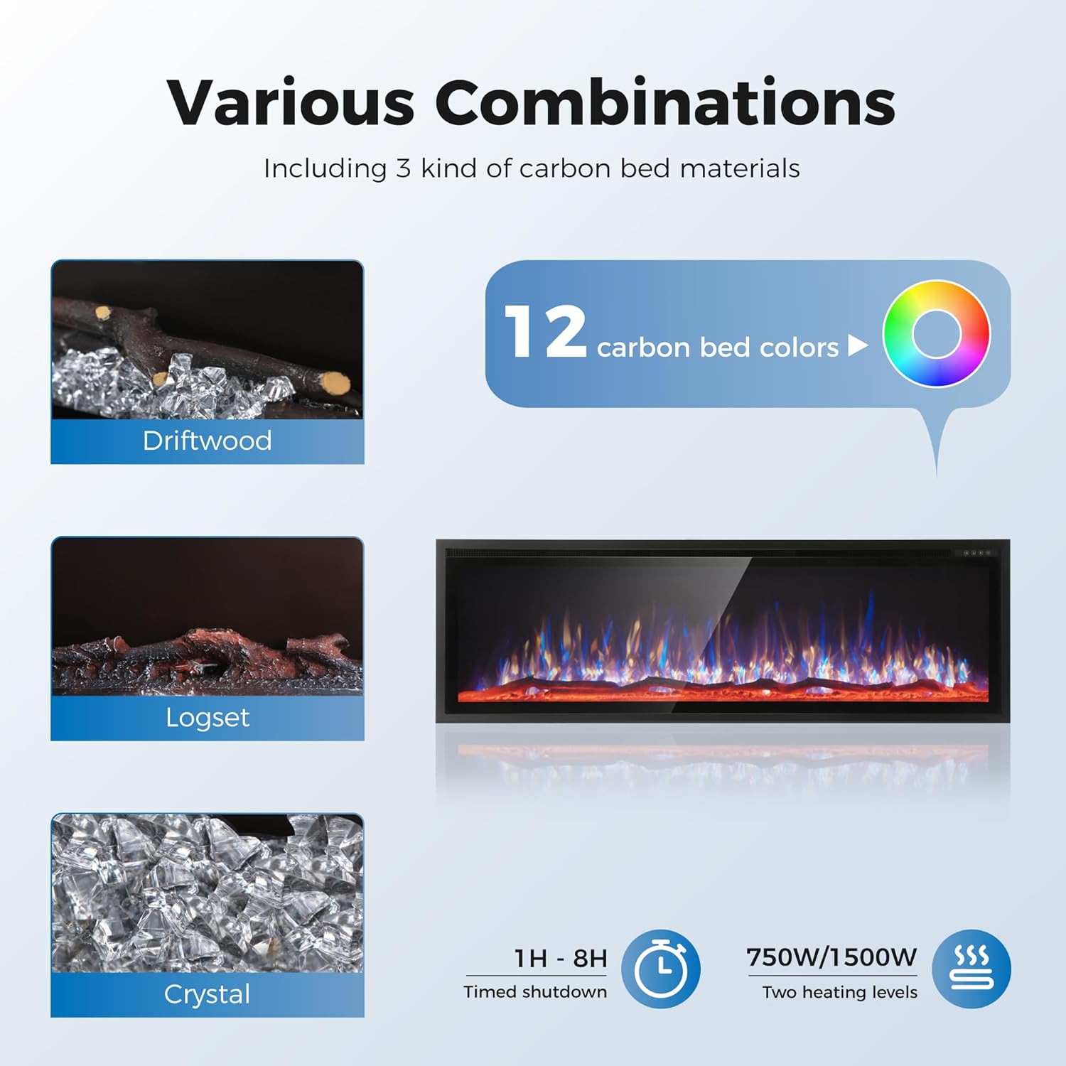 MAISON ARTS 72" Electric Fireplace, Recessed & Wall Mounted Electric Fireplace Heater, Ultra Narrow Frame Fireplace Insert w/Remote Control, Timer, Adjustable Flame Colors, Log/Crystal, 750/1500W