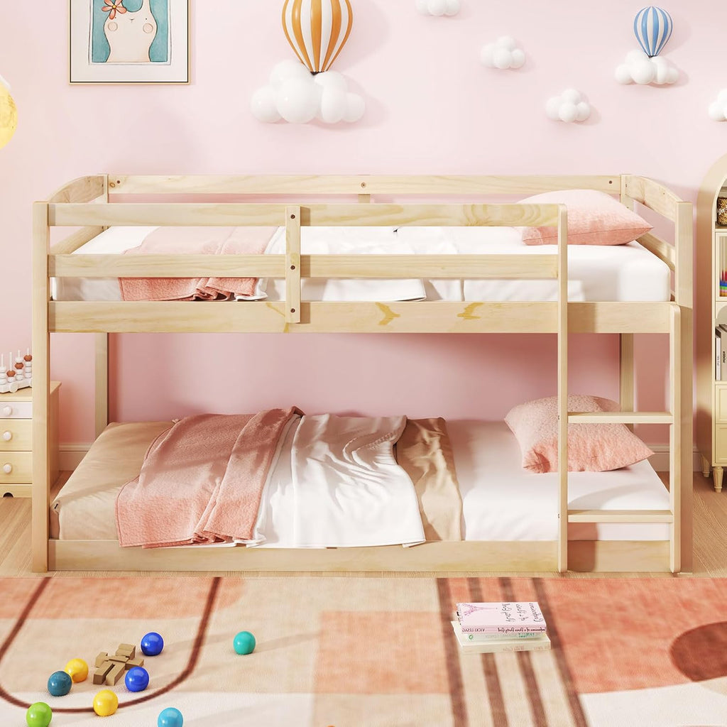 Giantex Twin Low Bunk Bed, Solid Wood Twin Over Twin Bunk Bed Frame with Full Guardrails & Integrated Ladder, Floor Twin Bunk Beds for Kids Boys and Girls, No Box Spring Needed, Natural