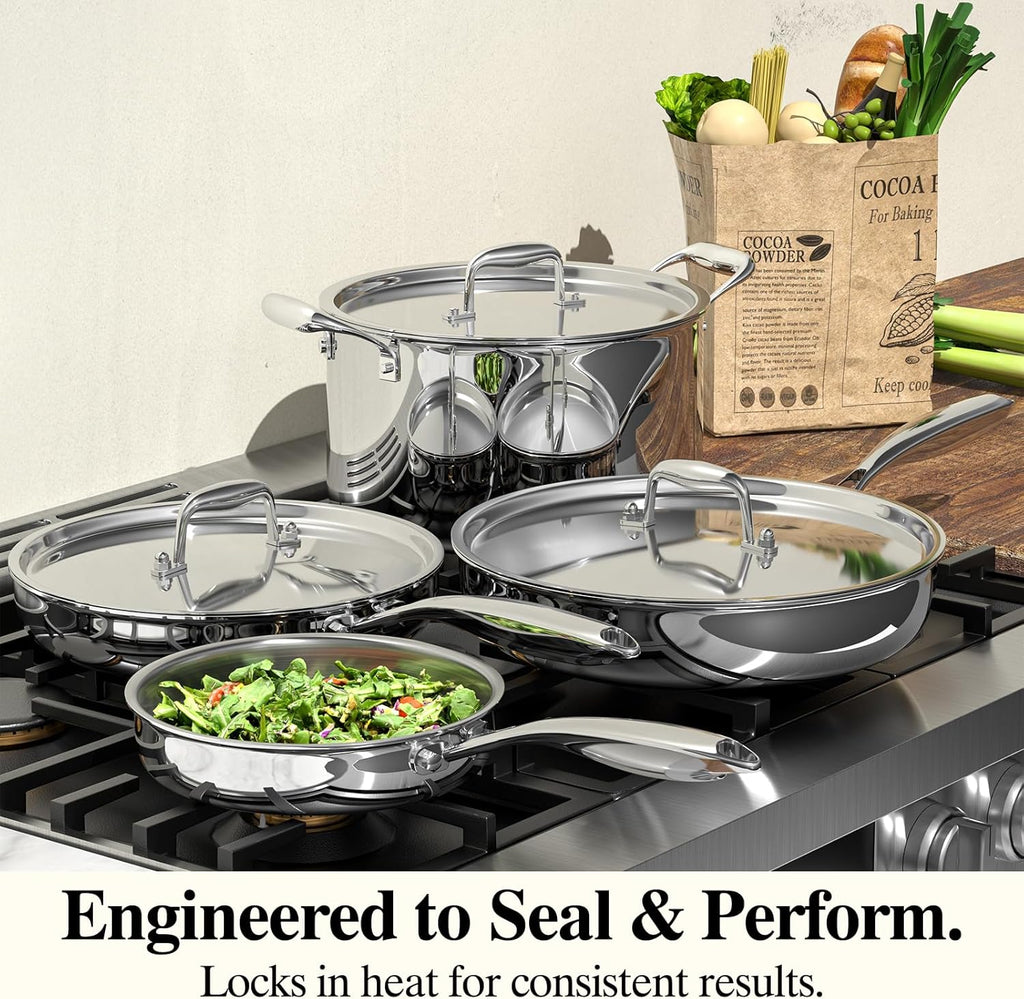 Stainless Steel Frying Pan Set with Lid, Umite Chef 3Pcs Skillet Set (Includes 8",10",12") - 5 Ply Stainless Clad - Heavy Duty & Professional Cookware Set, Fast & Even Heat, Dishwasher and Oven Safe