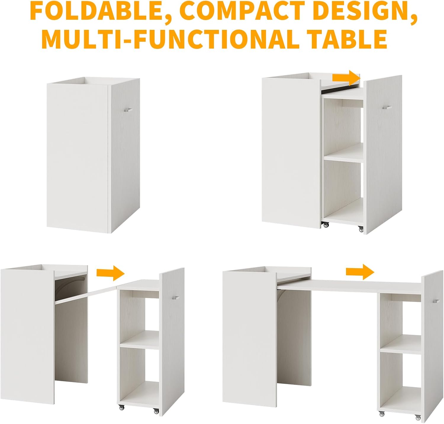 Garvee 50" Folding Dining Table with 10" Storage Cabinet, Extendable Drop Leaf with 2-Tier Shelves and 4 Wheels, Multi-Functional Home Office Desk for Kitchen Room Bedroom, Office, Study