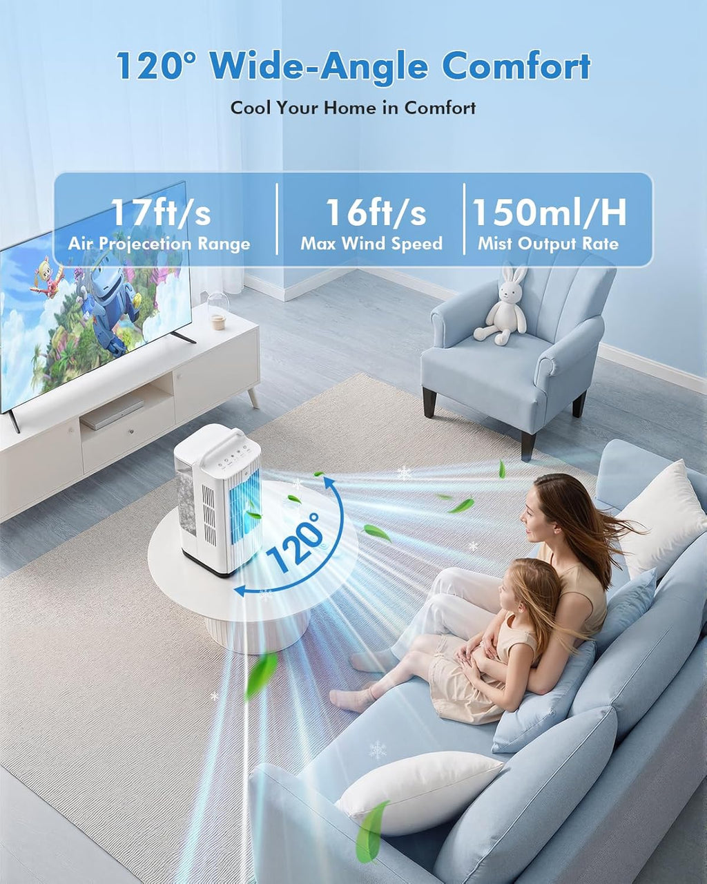 4-in-1 Portable Air Conditioners: 1700ml Tank Mini Air Conditioner with 120° Oscillating 16.5ft Remote - Evaporative Air Cooler with 3 Speed & 7 Lights 1-7H Timer - Portable AC Unit for Bedroom