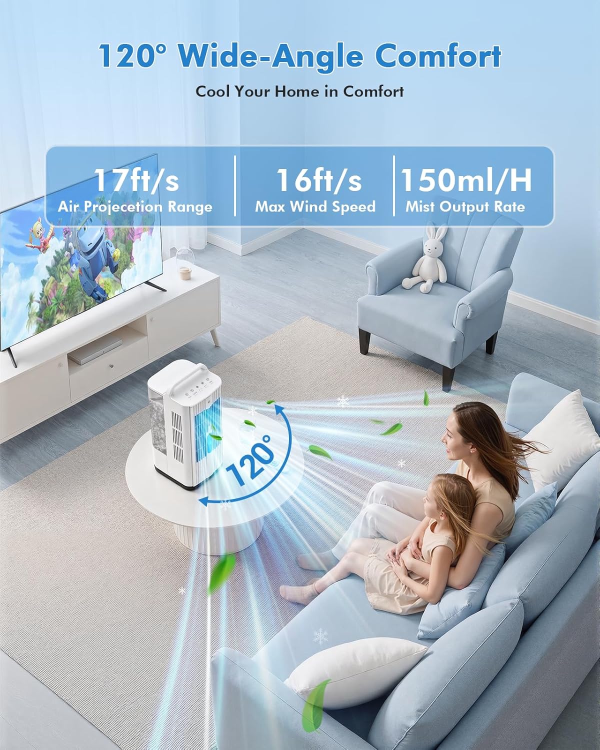 4-in-1 Portable Air Conditioners: 1700ml Tank Mini Air Conditioner with 120° Oscillating 16.5ft Remote - Evaporative Air Cooler with 3 Speed & 7 Lights 1-7H Timer - Portable AC Unit for Bedroom