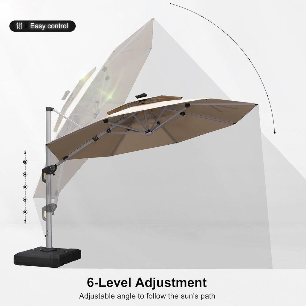 PURPLE LEAF 11ft Solar powered LED Patio Umbrella Outdoor Round Umbrellas Large Cantilever Umbrella with LED lights Windproof Offset Umbrellas Heavy Duty for Garden Deck Pool Patio, Beige