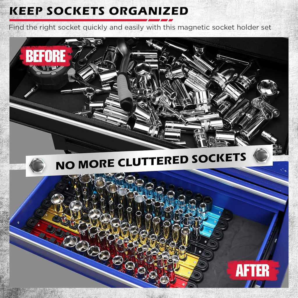 18-Piece Magnetic Socket Holder Organizer Set (Holds 240 Sockets), Heavy Duty 1/2, 3/8, 1/4-Inch Socket Racks Premium Quality Socket-Clip Rail Holder Aluminum Sockets Rack Kit for Tool Box Drawer