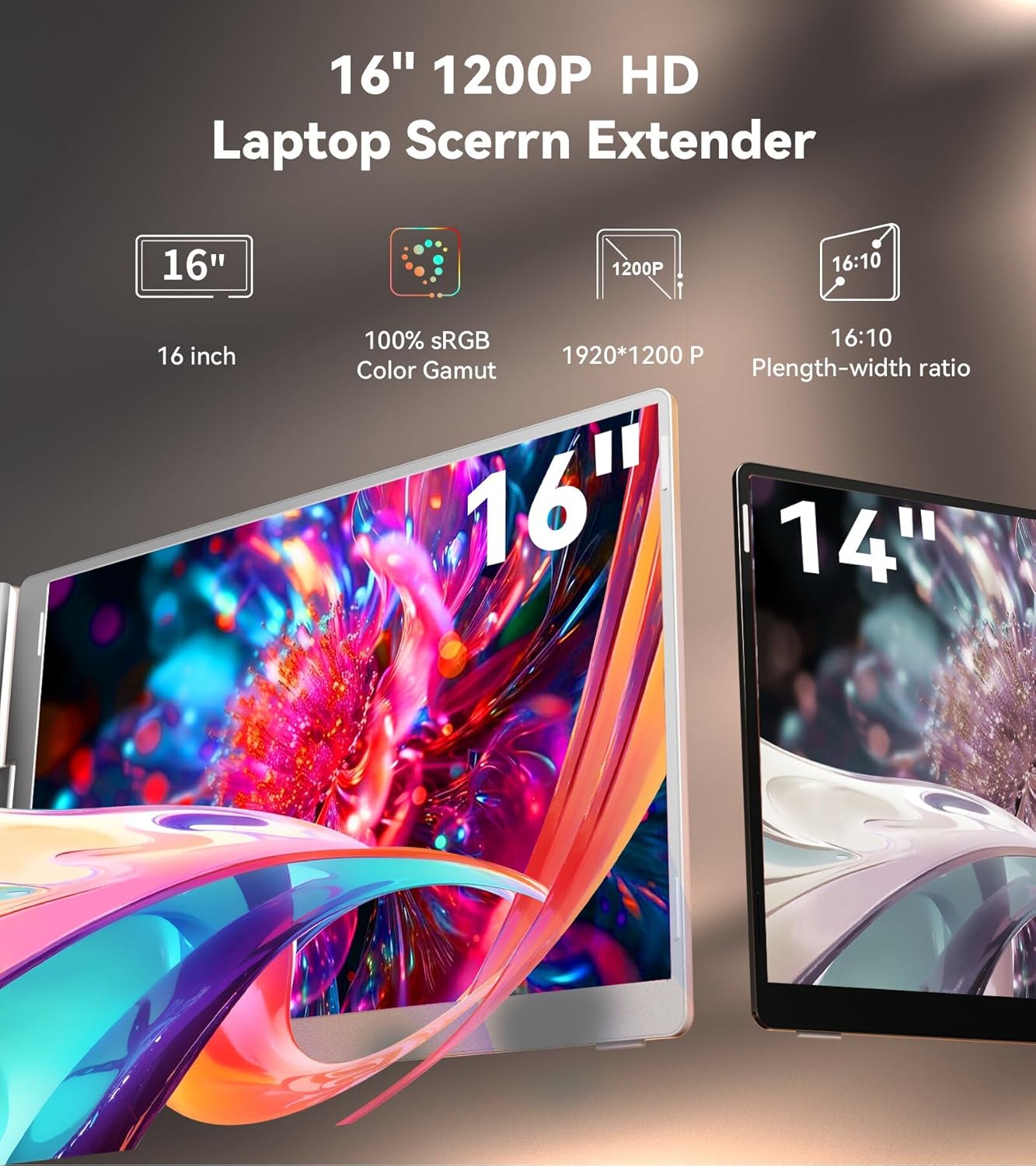 FOPO 16" Laptop Screen Extender Monitor Portable  Quad Monitor  Just 1 Cable for 3 Screens  FHD 1080P IPS Laptop Extender Compatible with Wins/Mac for 13.6" - 18.5" Laptops