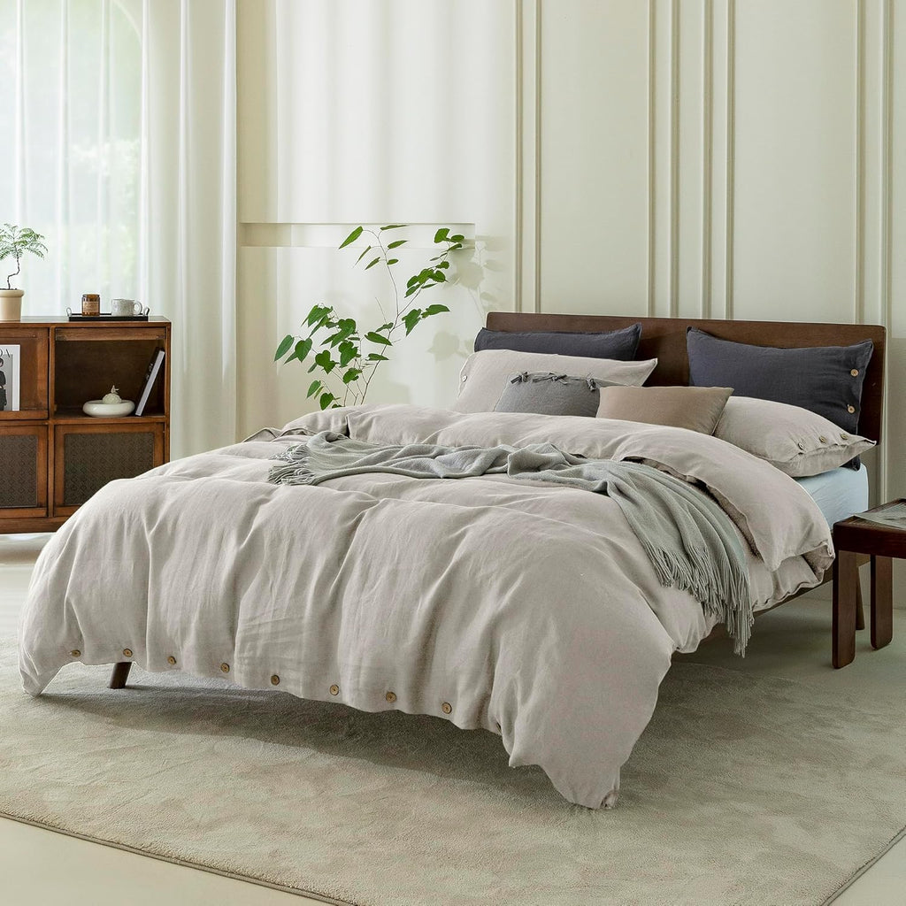 EVERLY 100% Pure Linen Duvet Cover Set Queen Size90X90Inch 3pcs (1 Duvet Cover,2 Pillowcases) Soft and Breathable for All Season with Coconut Button Closure, Suitable for Hot Sleepers-Linen-Queen