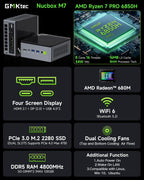 GMKtec Mini PC Gaming  M7 AMD Ryzen 7 PRO 6850H (8C/16T 4.70Ghz) Dual NIC LAN 2.5G Desktop Computer  32GB DDR5 RAM + 512GB Hard Drive PCle SSD  Dual USB4  HDMI 2.1  USB-C