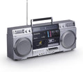 aiwa Retro Boombox CD Player with Cassette Recording  Bluetooth 5.0  FM/AM Radio  USB/SD/AUX Inputs  VU Meters  LCD Display  Dual 40W Speakers - Silver