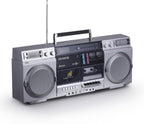 aiwa Retro Boombox CD Player with Cassette Recording  Bluetooth 5.0  FM/AM Radio  USB/SD/AUX Inputs  VU Meters  LCD Display  Dual 40W Speakers - Silver
