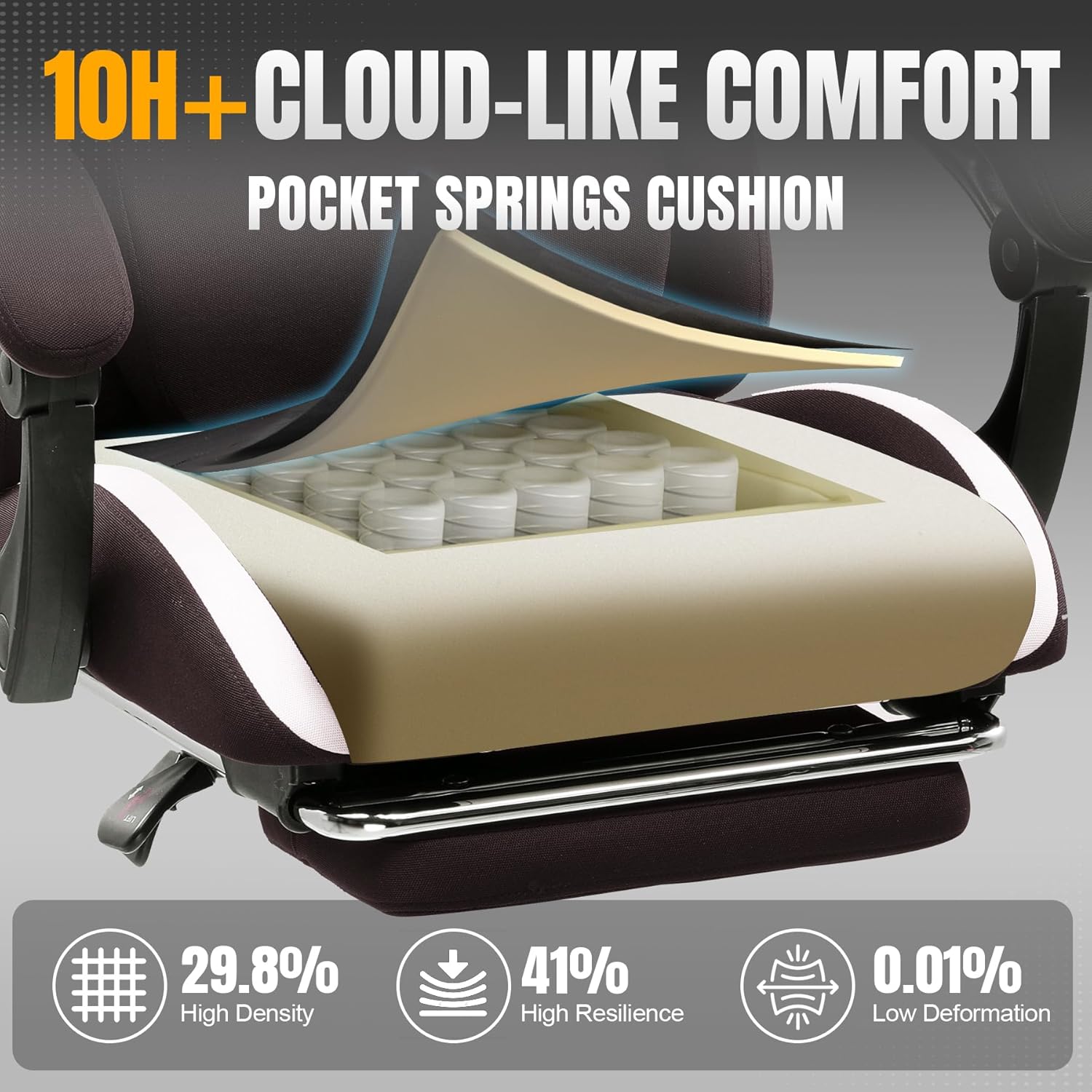 GTPLAYER Gaming Chair with Foot Rest & Pocket Spring Cushion, Breathable Fabric for Home Office Desk, Ergonomic High Back Computer Chair with Headrest & Lumbar Support, Brown