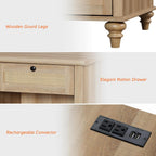 WAMPAT Rattan End Table with Charging Station for Living, Small Sofa Side Table with 2 Drawers & Open Shelf, Farmhouse Wooden Night Stand Retro Bedside Table for Living Room, Light Oak