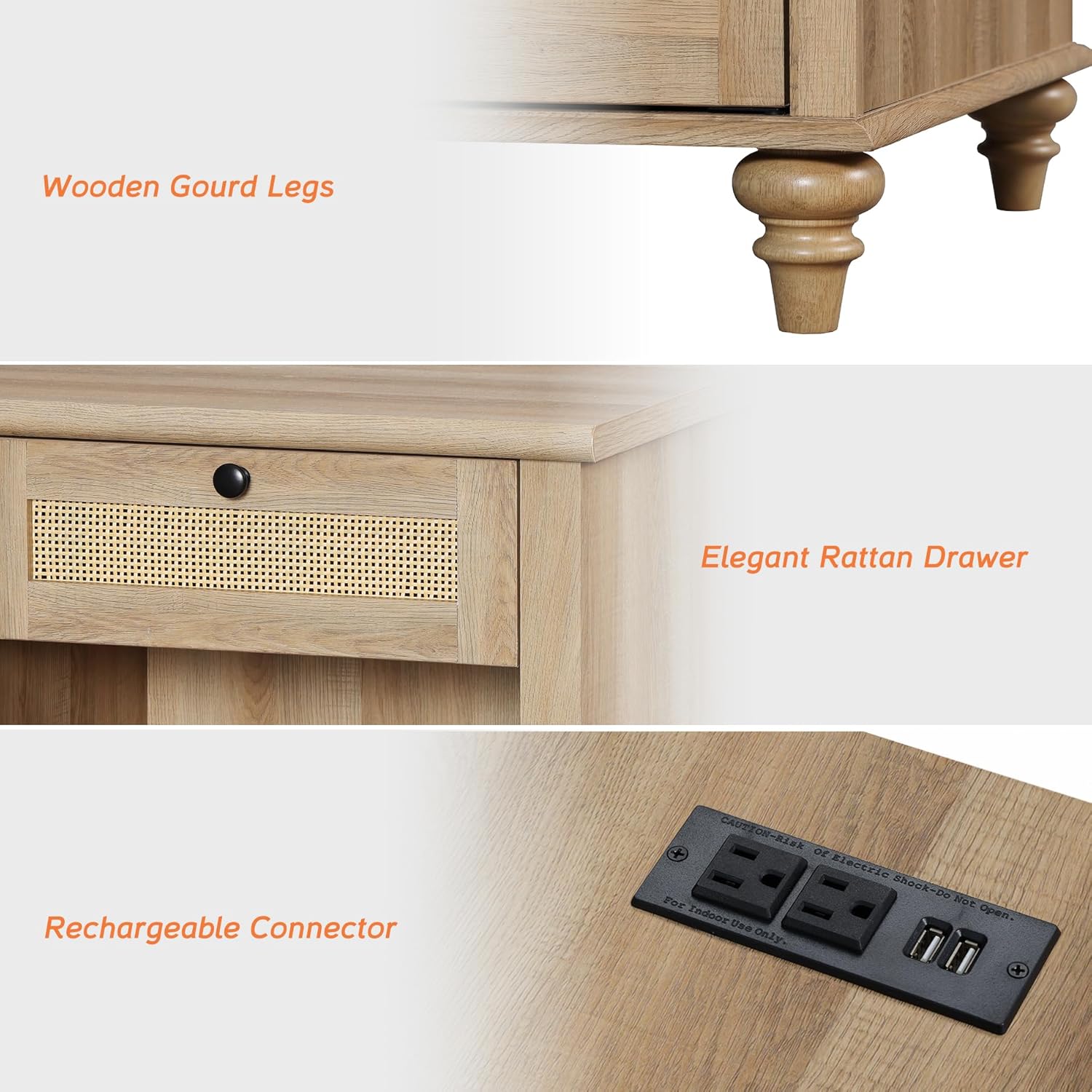 WAMPAT Rattan End Table with Charging Station for Living, Small Sofa Side Table with 2 Drawers & Open Shelf, Farmhouse Wooden Night Stand Retro Bedside Table for Living Room, Light Oak
