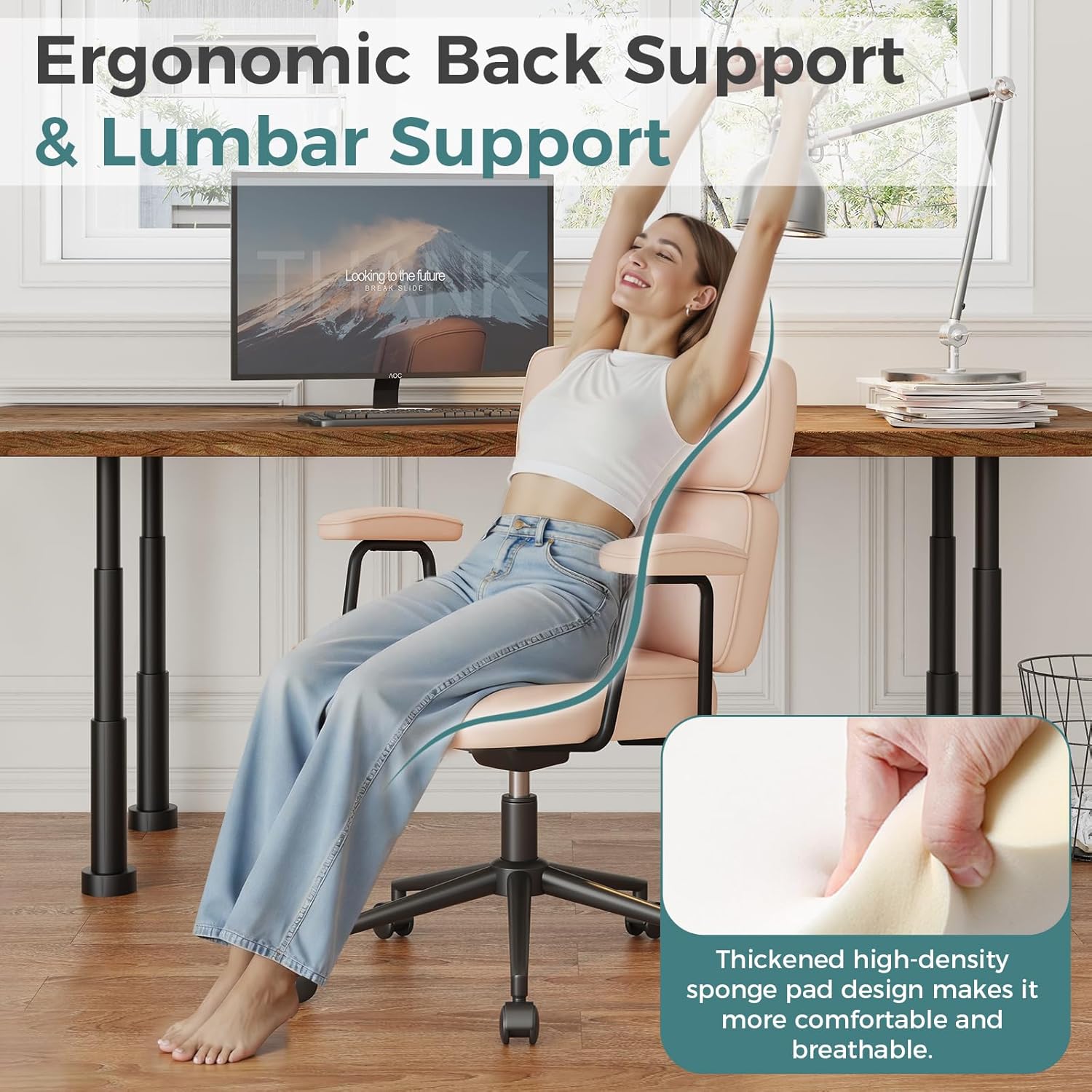 OLIXIS Ergonomic Home Office Desk Chair, PU Leather Computer Chair with Lumbar Support Adjustable Height Rolling Swivel Executive Task Armrests Chair, Hot Pink