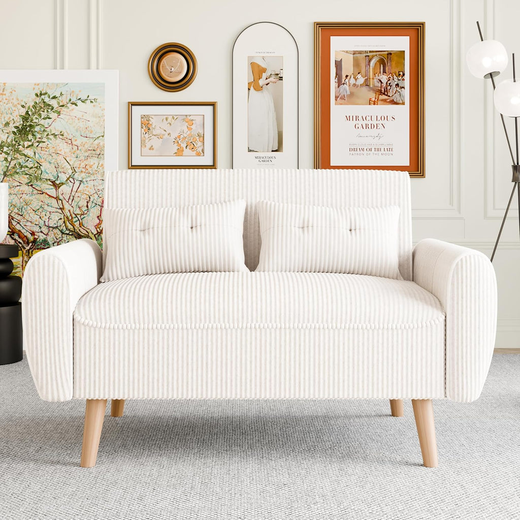 Vongrasig 48" Small Modern Loveseat Sofa, Mid Century Soft Corduroy Fabric 3-Seat Sofa Couch Tufted with Back Cushions and Tapered Legs for Living Room, Bedroom and Small Space, White