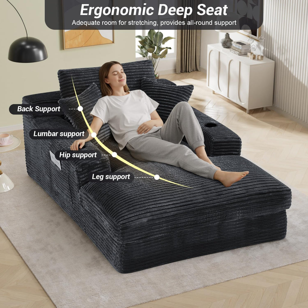 49.6"W x 75.9"D Super Oversized Chaise Lounge Chair Indoor Boneless Reading Chair Corduroy Recliner Deep Seat Sleeper Fluffy Comfy Sofa Bed Couch with Cup Holders for Living Room Bedroom, Dark Gray