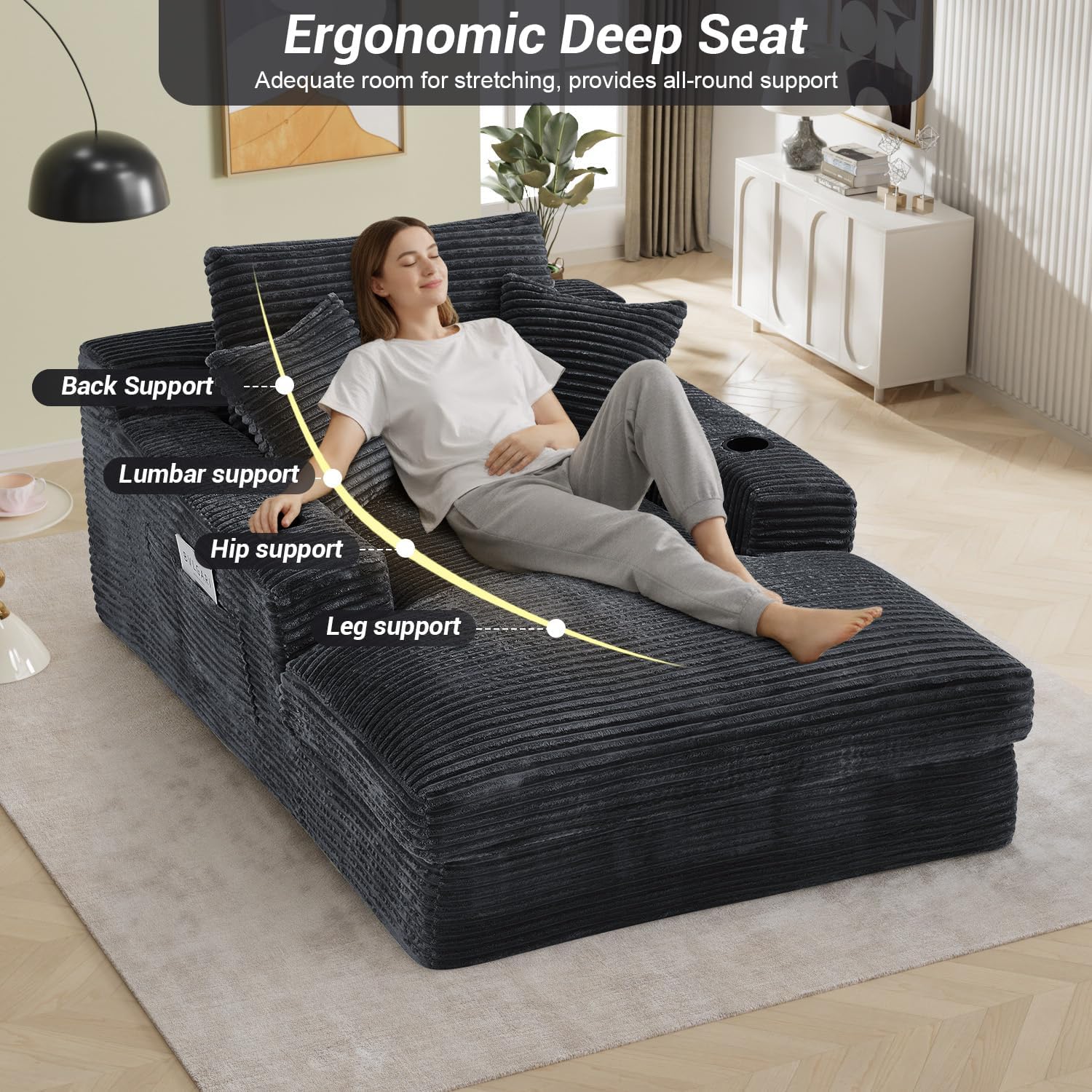 49.6"W x 75.9"D Super Oversized Chaise Lounge Chair Indoor Boneless Reading Chair Corduroy Recliner Deep Seat Sleeper Fluffy Comfy Sofa Bed Couch with Cup Holders for Living Room Bedroom, Dark Gray