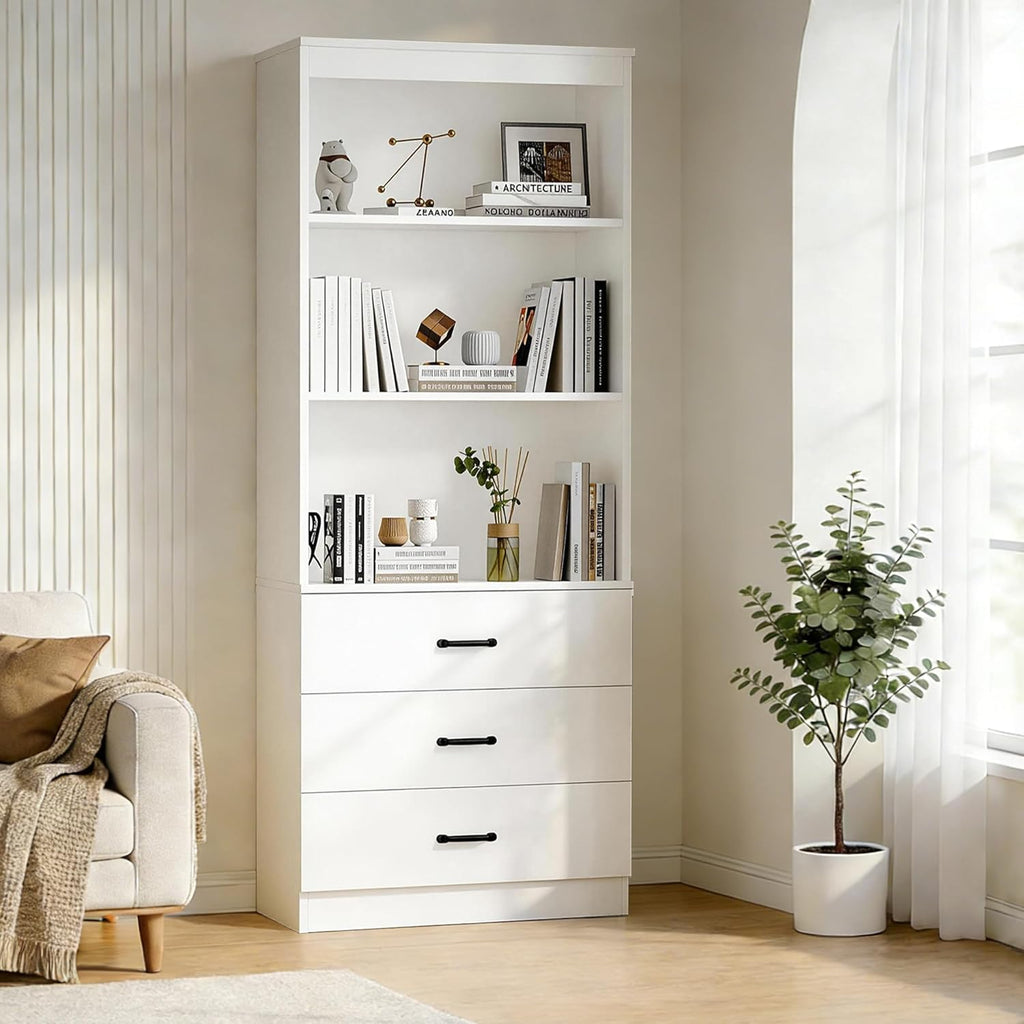 70" H Bookshelf with Drawers, Tall Bookcase with 3-Tier Open Shelves, Bookshelf and Bookcase with Storage Cabinet for Home Office,Living Room(White, 6-Tier)