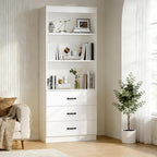 70" H Bookshelf with Drawers, Tall Bookcase with 3-Tier Open Shelves, Bookshelf and Bookcase with Storage Cabinet for Home Office,Living Room(White, 6-Tier)