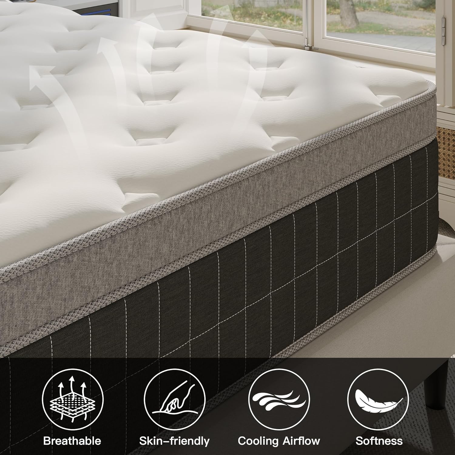 14″ King Hybrid Mattress – Cooler, Quieter & Deeper Comfort, Airflow Foam + Pocket Coils, 2″+ Plush Cushion, Heavy-Duty Support, CertiPUR-US, Fiberglass-Free, Mattress in a Box