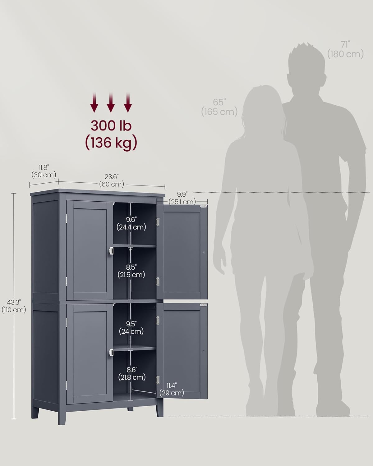 VASAGLE Floor Storage Cabinet, Freestanding Storage Unit with 4 Doors, Adjustable Shelves, 11.8 x 23.6 x 43.3 Inches, for Entryway, Bathroom, Slate Gray UBBC552G01