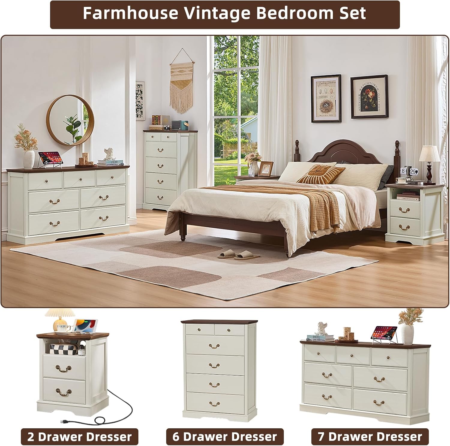 Farmhouse 7 Drawer Dresser for Bedroom,54" Wide Wood Rustic Chest of Drawers,Farmhouse Chest of Drawers for Bedroom,Wood Drawer Organizer for Living Room, Hallway,Bedroom,White