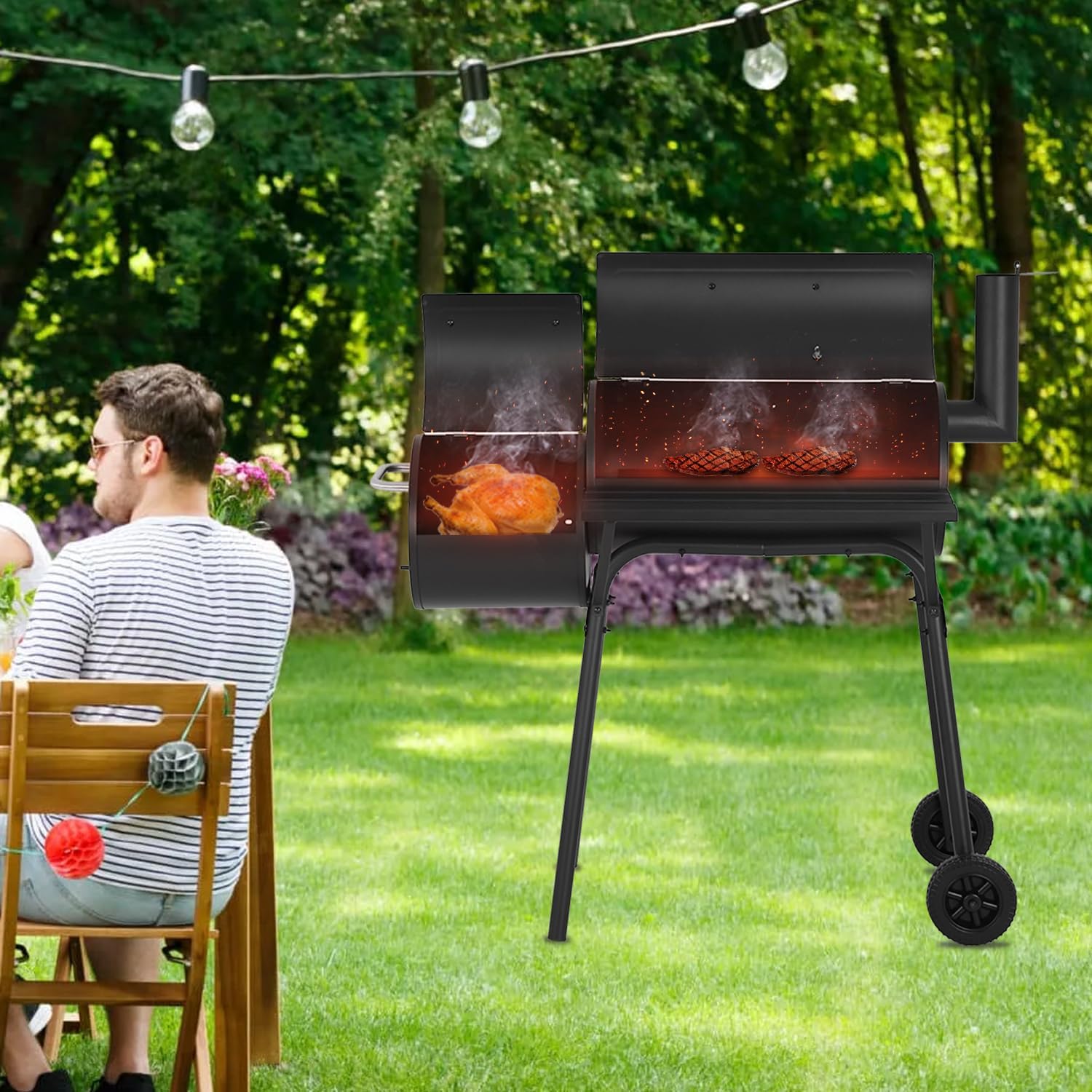 FDW Charcoal Grills 43-inch Outdoor Grill,Multiple People BBQ Grill with Double Grill Mesh Design,Smoker Grill for Camping,Outdoor Backyard,Patio and Parties,Black