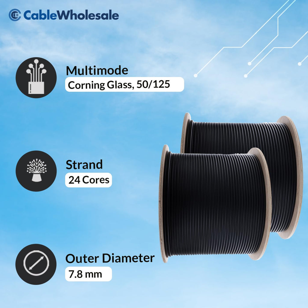 CableWholesale 1000ft Black 24-Strand Fiber Optic Cable Multimode 50/125 OM3  Corning ClearCurve  Plenum Rated  Indoor/Outdoor High-Speed 10G Networking