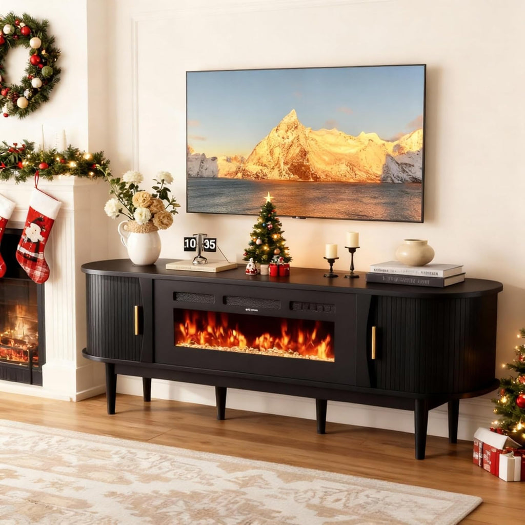 70″ Fluted Fireplace TV Stand for 80″ TVs, Remote & Touch Control, Adjustable Flame Colors & Temperature Entertainment Center with Storage, Modern Media TV Console Table for Living Room (Black)