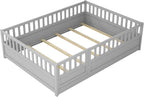 Full Floor Bed with Slats, High Fence and Door, Montessori Floor Bed Full Size, No Box Spring Needed, Easy Assemble Floor Bed(Gray Full)