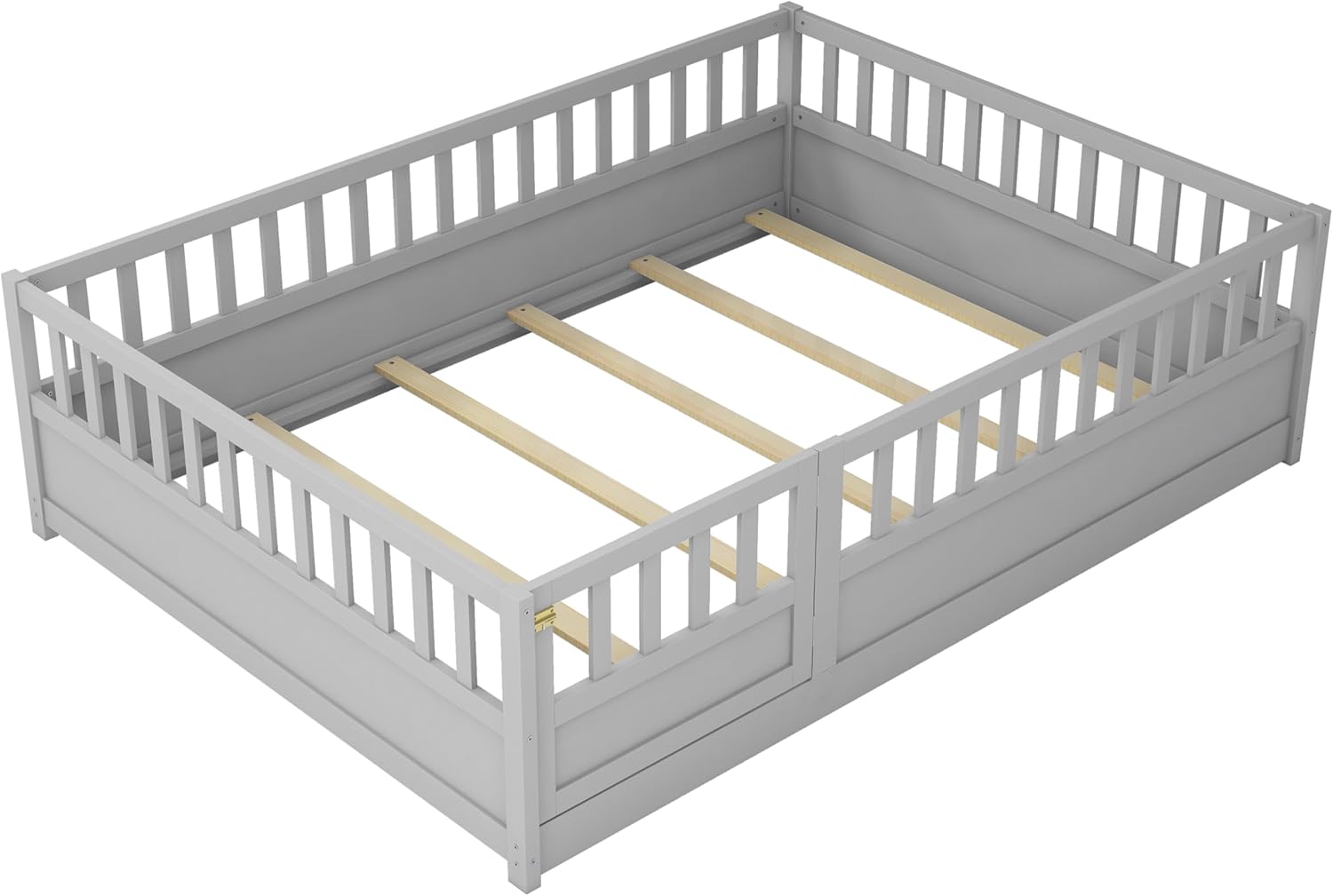 Full Floor Bed with Slats, High Fence and Door, Montessori Floor Bed Full Size, No Box Spring Needed, Easy Assemble Floor Bed(Gray Full)