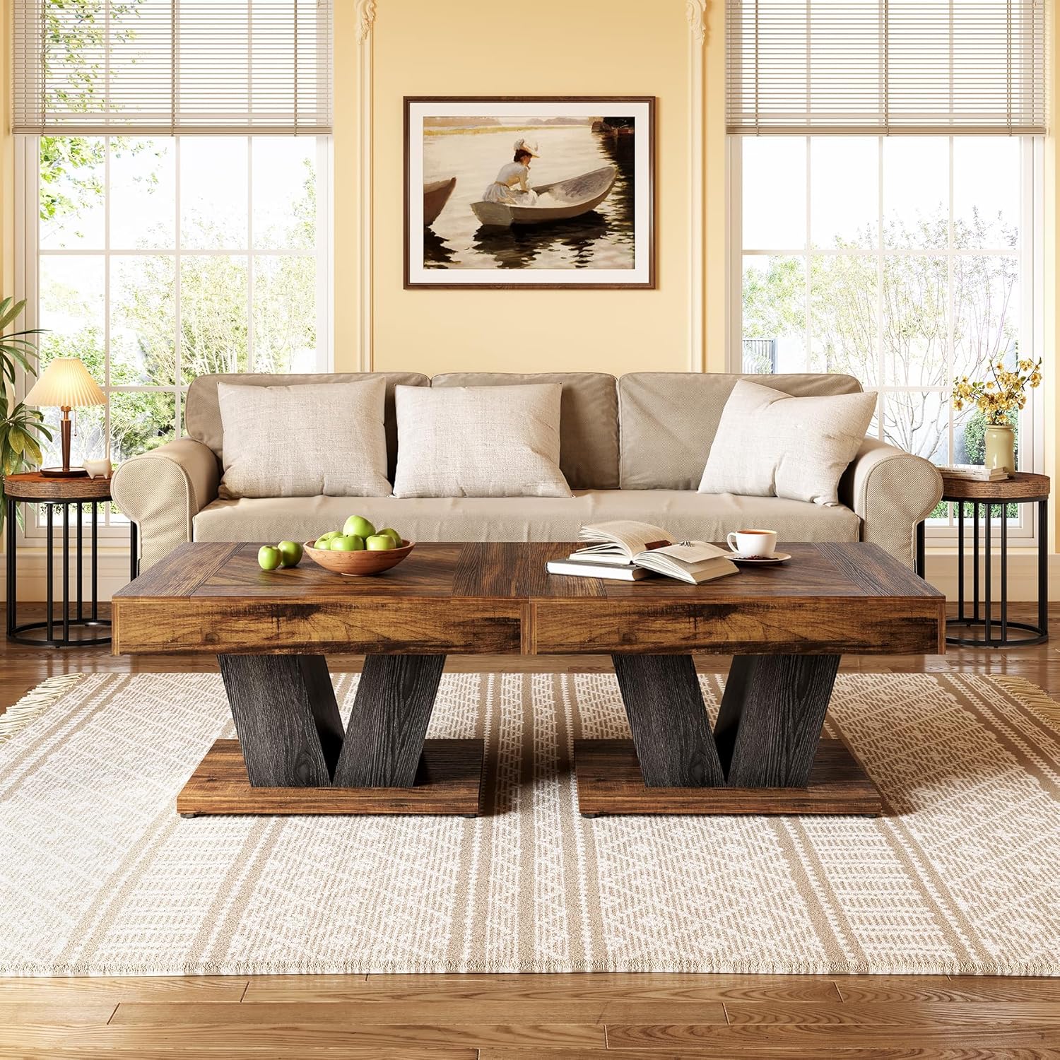LITTLE TREE Square Coffee Table, Modern Rustic Coffee Table for Living Room, Wooden Table with Adjustable Feet, Brown