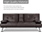 Yaheetech Convertible Sofa Bed Adjustable Couch Sleeper Modern Faux Leather Home Recliner Reversible Loveseat Folding Daybed Guest Bed, Removable Armrests, Cup Holders, 3 Angles, 772lb Capacity, Black