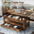Rolanstar Coffee Table, Lift Top Coffee Table with Drawers and Hidden Compartment, Retro Central Table with Wooden Lift Tabletop, for Living Room,Rustic Brown